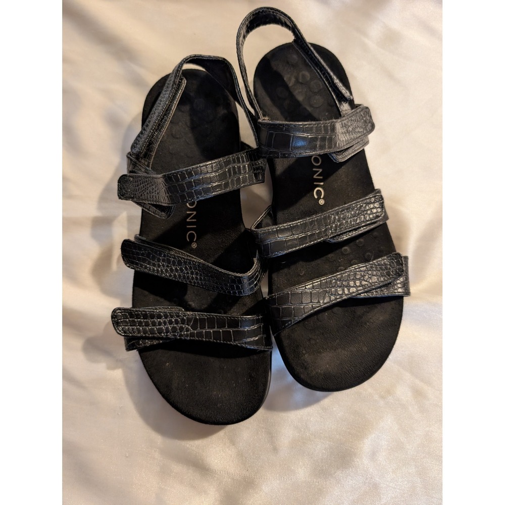 Vionic Amber Black Croc Embossed Adjustable Strap Orthotic Sandals Size 9